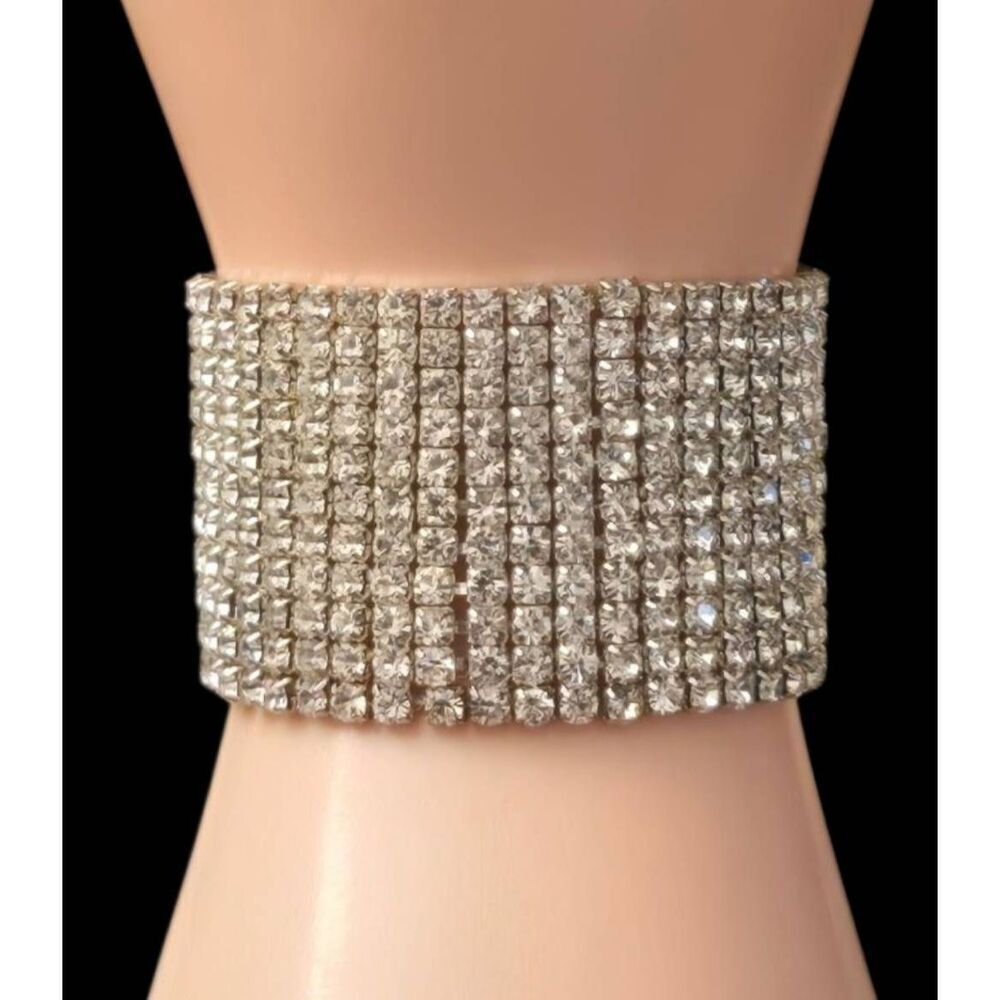 Women's Silver Tone & White Rhinestone Elastic Band Bracelet